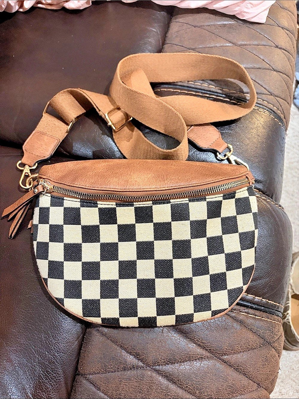 Checkered Crossbody Bag in Brown & Black